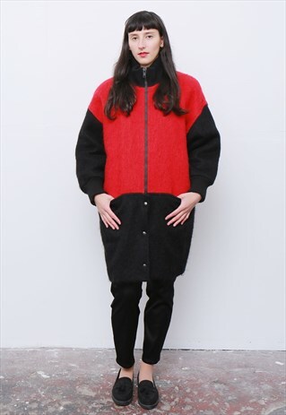 RARE VINTAGE 1980'S GUY LAROCHE RED BLACK MOHAIR WOOL COAT