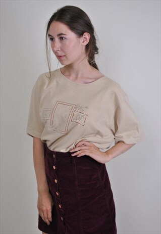 ABSTRACT EMBROIDERY FLORAL BEIGE TSHIRT, SIZE L