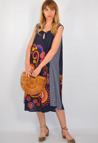 VINTAGE 70S NAVY PRINT MIDI SWING DRESS