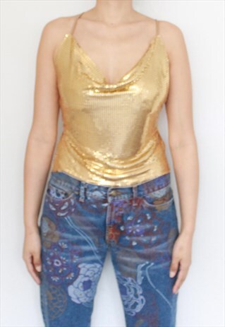 GOLD METALLIC VINTAGE Y2K 90S HALTER CRIS X PARTY CROP TOP