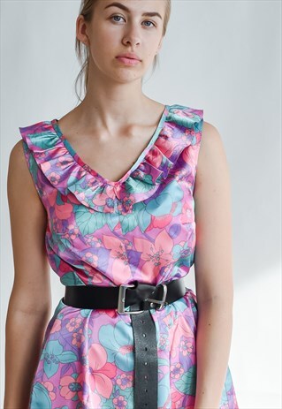 VINTAGE REVIVAL FLORAL MIDI DRESS WITH V-NECK RUFFLE 60S