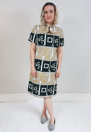 VINTAGE 60'S BEIGE AND GREEN TIE NECK SHIFT DRESS
