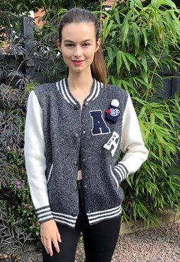 Grey Knitted Bomber Jacket with Letter Patch Design