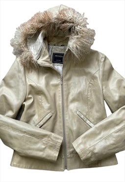 Vintage Y2k Leather Hooded Jacket Mongolian Fur Trim Cream