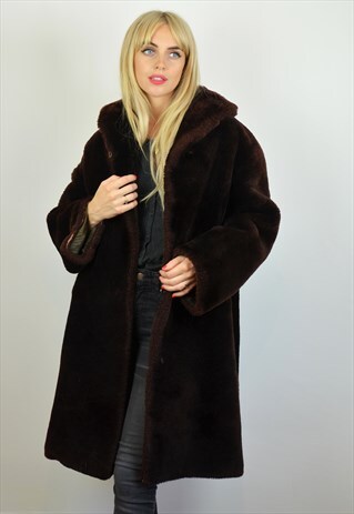 VINTAGE OVERSIZED DARK BROWN LONG FAUX FUR COAT
