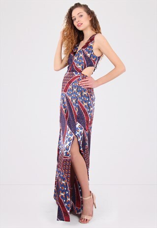V PLUNGE NECK ASYMMETRIC CUT OUT MAXI DRESS