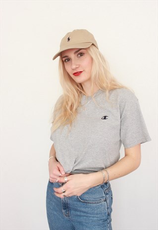 VINTAGE 90S CHAMPION PLAIN GREY LOGO T-SHIRT UNISEX
