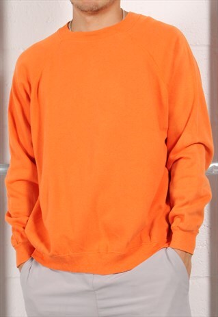 Vintage Sweatshirt in Orange Crewneck Plain Jumper Medium