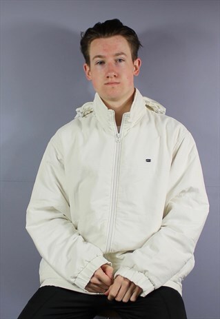 VINTAGE LACOSTE PADDED COAT JACKET IN WHITE WITH METAL PATCH
