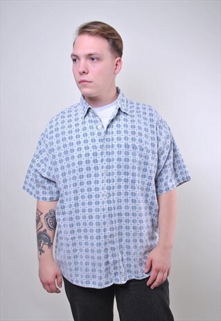 VINTAGE MAN PLAID BLUE BOHO SHORT SLEEVE SHIRT