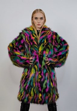 Faux fur long striped neon coat festival trench rave bomber