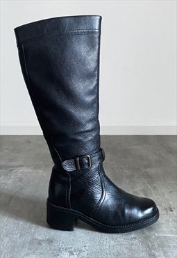 Vintage Y2K 00s real leather black knee biker boots