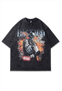 Skeleton t-shirt gangster tee flame print top vintage grey