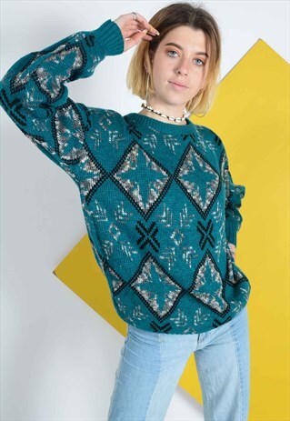 VINTAGE JUMPER WITH ABSTRACT PATTERN IN TURQUOISE