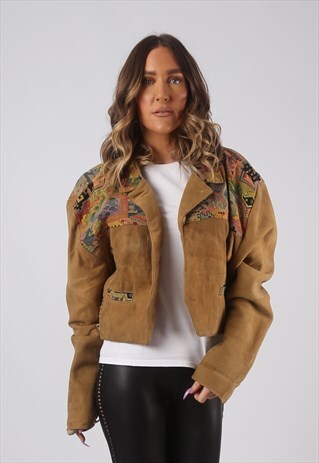 SUEDE LEATHER EMBROIDERED JACKET VINTAGE UK 14 (GWCZ)