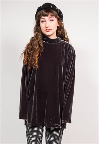 VINTAGE 90'S DARK GREEN VELVET HIGH NECK LONG SLEEVE TOP