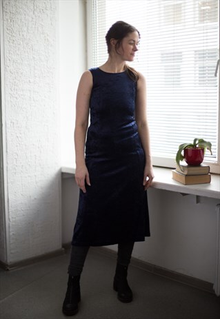 VINTAGE 80'S BLUE VELVET MIDI SLEEVELESS DRESS
