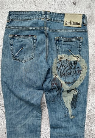 Vintage Galliano Printed Blue Denim Jeans Pants