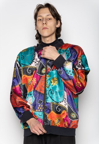 MULTICOLOR CRAZY PATTERN ZIP BOMBER JACKET XL