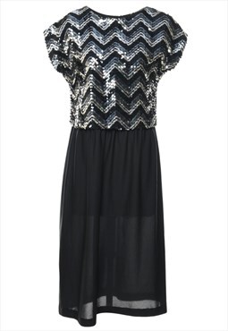 Vintage Black & Silver Sequined Party Dress - M