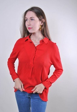 80s red women minimalist long sleeve secretary blouse