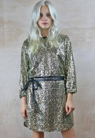 SILVERY GOLD TINY SEQUIN SHIFT DRESS