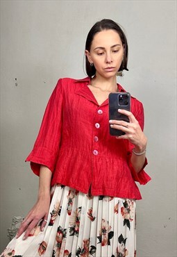 Red Linen Blouse, Line blazer with mother of pearl buttons