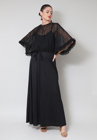 70's Vintage Ladies Dress Black Sheer Ruffle Evening Maxi