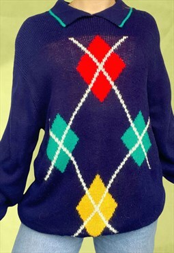 Vintage 80s Argyle Knit Jumper in Rainbow Multi Colour M