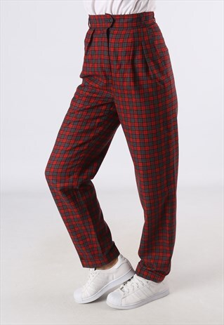 HIGH WAISTED TROUSERS TARTAN CHECKED WIDE TAPERED 8 XS (JH3K