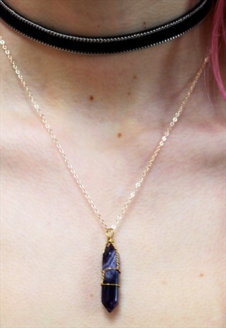 AMETHYST SEMI PRECIOUS CRYSTAL NECKLACE WITH GOLD CHAIN