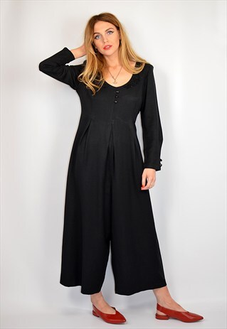 VINTAGE 1980S CROPPED BLACK JUMPSUIT / ALL IN ONE