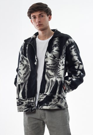VINTAGE WOLFES GRAPHIC FULL ZIP JACKET PILE 90S WHITE BLACK
