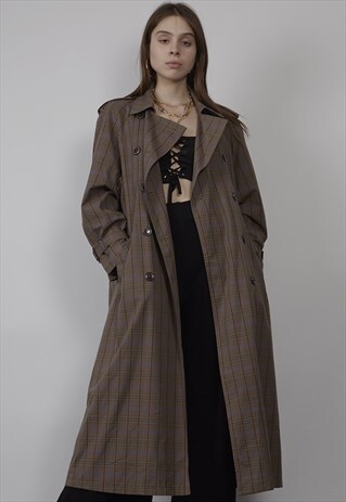 VINTAGE 90'S BROWN/ BLUE CHECK TRENCH COAT