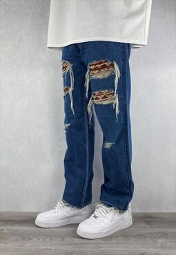 Mens Patchwork Jeans Blue Levi's 501 Straight Fit (30 x 31)