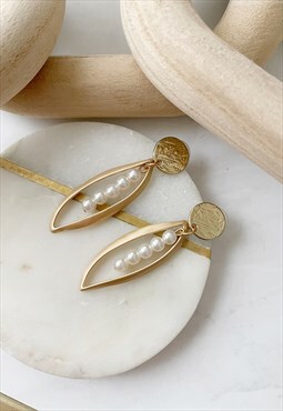 Gold Organic Faux Pearl Minimalist Dangle Drop Earrings