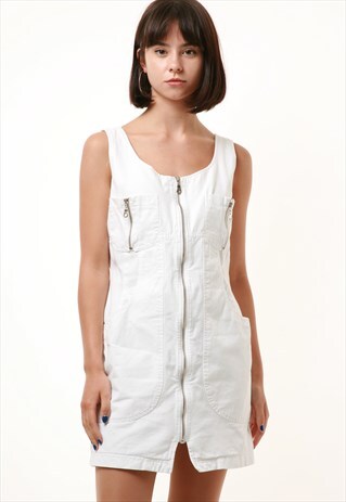 90S VINTAGE MINI DENIM WHITE DUNGAREES DRESS 1042