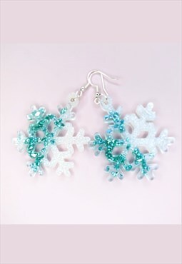 Christmas Teal & White Snowflake Earrings