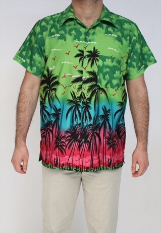 HAWAIIAN PALM TREE PRINT HOLIDAY SHIRTS-GREEN