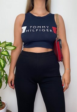Vintage Reworked Tommy Hilfiger Navy Spell Out Crop Top