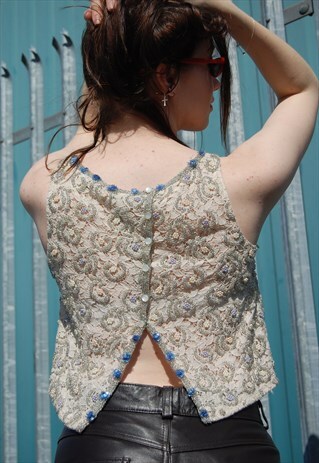 90S CREAM BEADED TOP WITH CUTOUT BACK