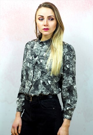 1980S VINTAGE MONOCHROME SILKY BLOUSE WITH DIAMANTE COLLAR