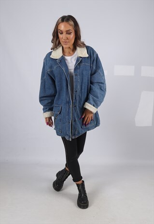 VINTAGE DENIM JACKET OVERSIZED SHERPA LONGLINE UK 18 (H5CM)