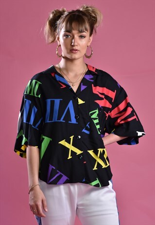 VINTAGE ROMAN NUMERAL PATTERN SHORT SLEEVE JAZZY SHIRT