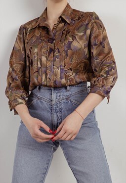 Vintage 80s Brown Floral Pleat Front Half Sleeve Blouse M