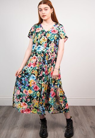 VINTAGE 90'S MULTICOLOUR FLORAL MIDI DRESS