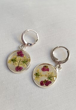 Handmade dried flower silver round 15mm dangle earring