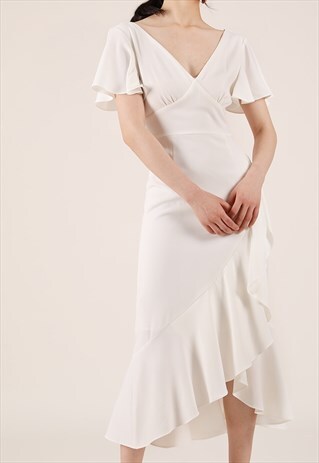 MIDI V-NECK FISHTAIL DRESS IN WHITE