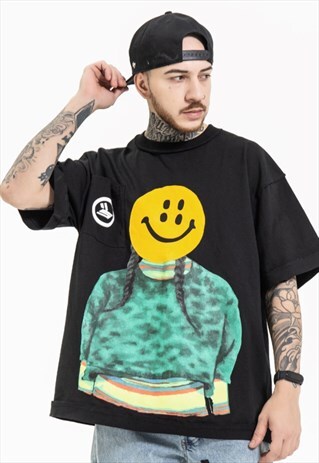 TRENDY GIRL SMILEY EMBROIDERED ROUND NECK T-SHIRT