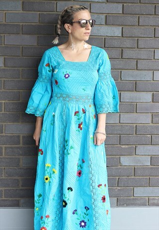 VINTAGE 1970S RARE TURQUOISE EMBROIDERED FRILL SLEEVE MAXI